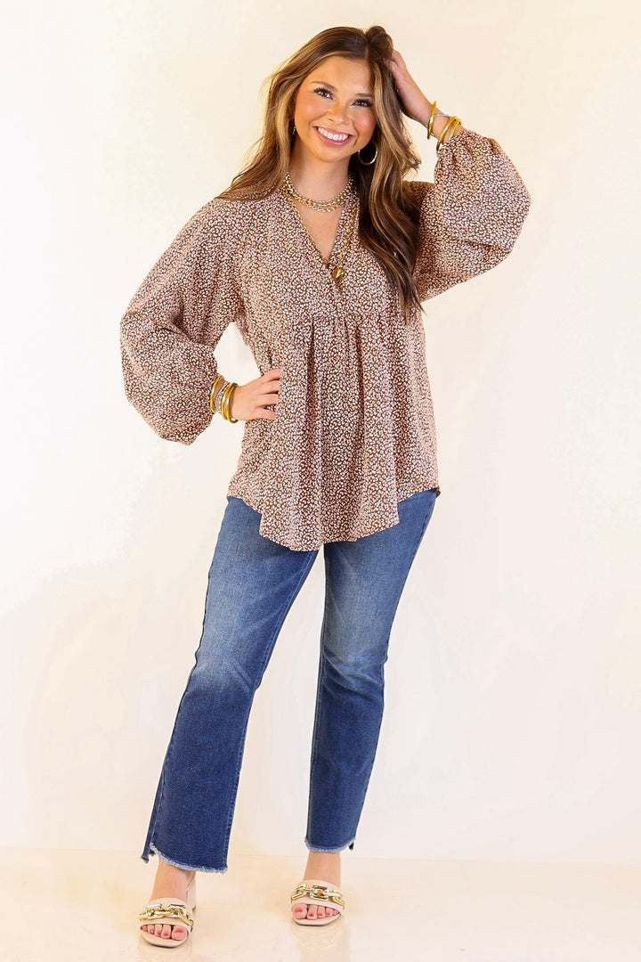 Really Dreamy Small Leopard Print Babydoll Top with Long Sleeves in Brown