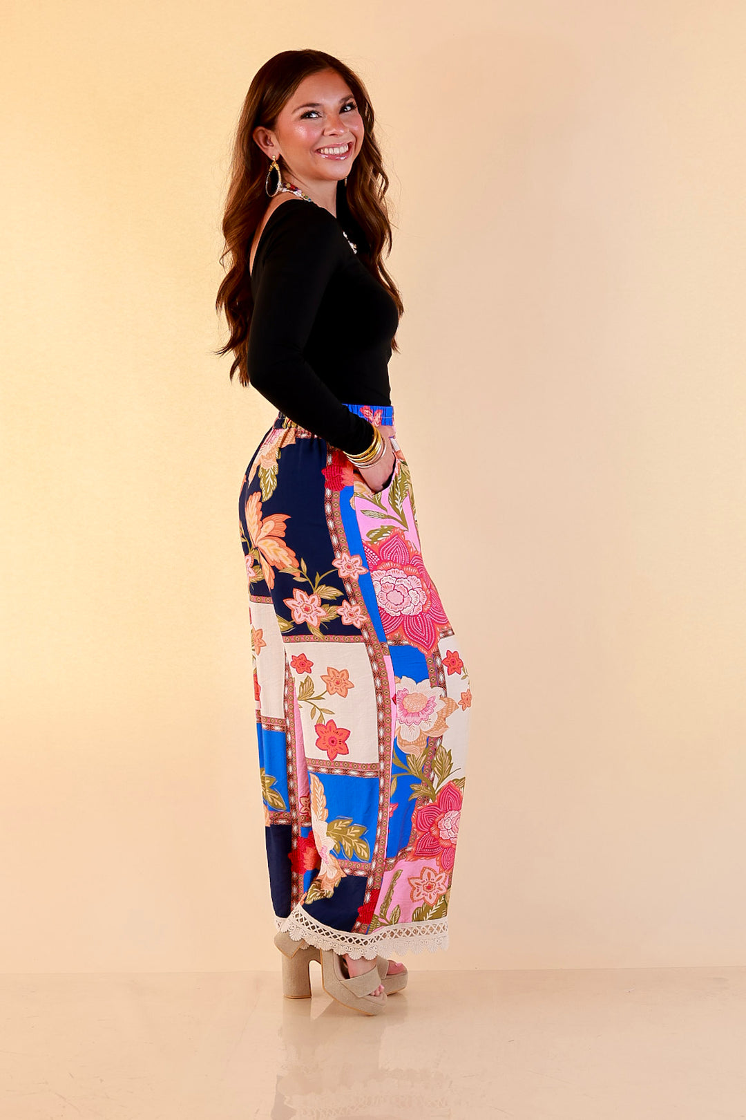Patchwork Flair Floral Patchwork Print Wide Leg Pants with Lace Trim in Blue Mix