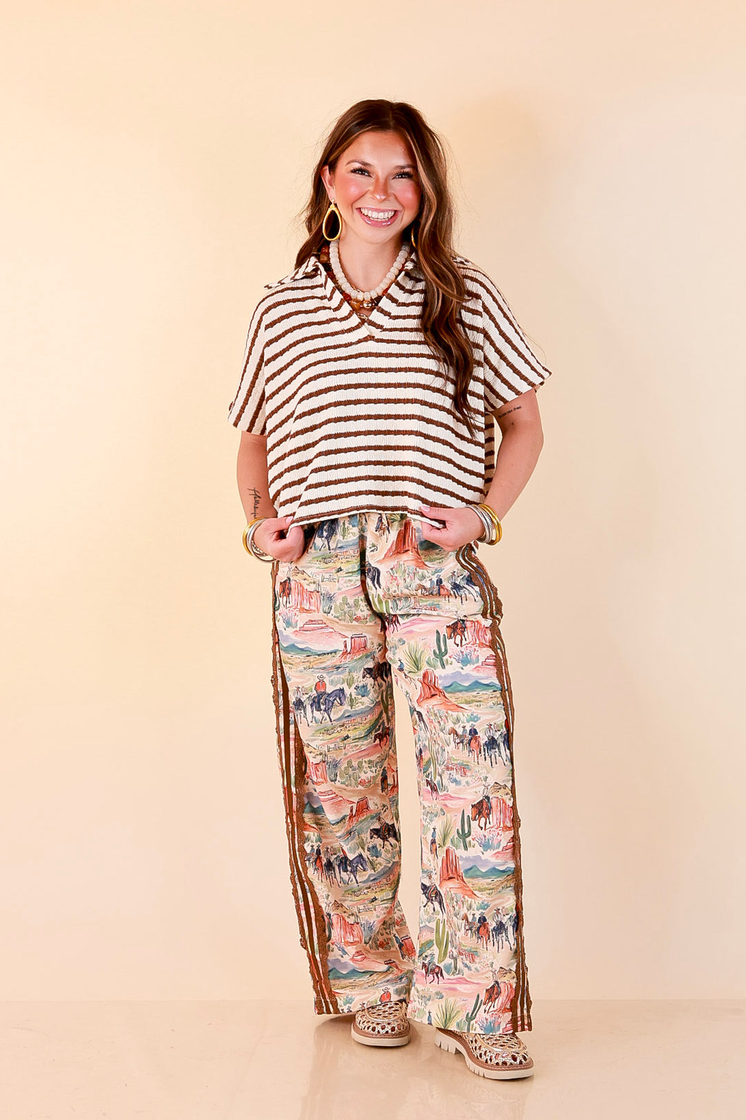 Simply Said Striped Drop Shoulder Collared Cropped Top in Ivory with Chocolate Brown Stripes