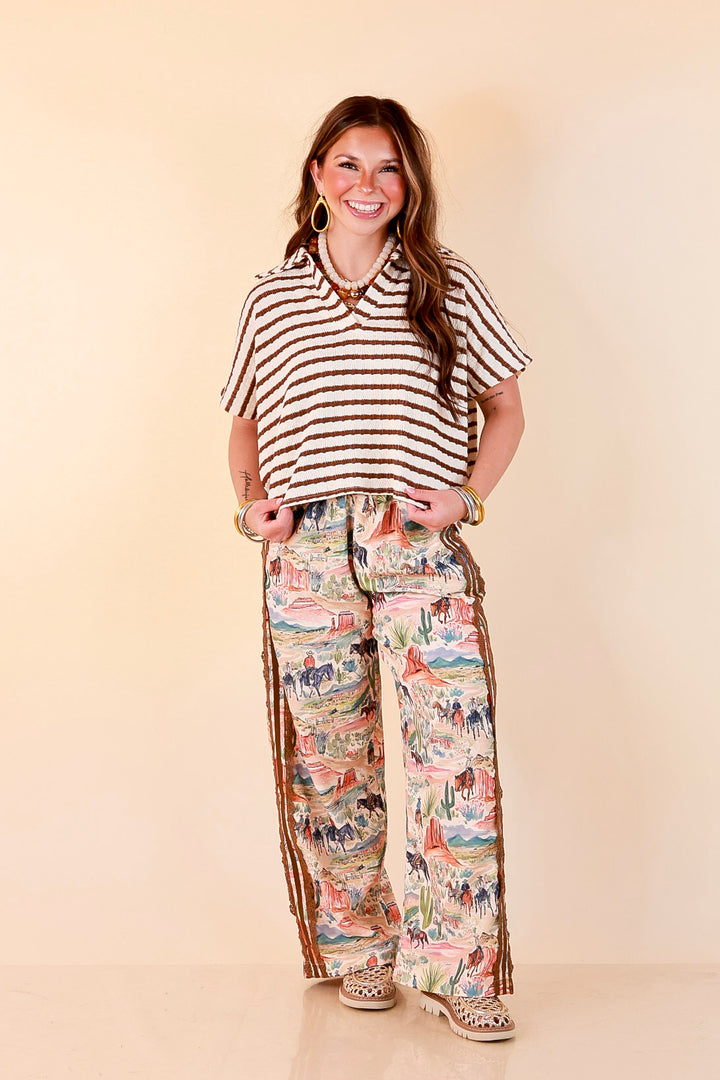 Simply Said Striped Drop Shoulder Collared Cropped Top in Ivory with Chocolate Brown Stripes