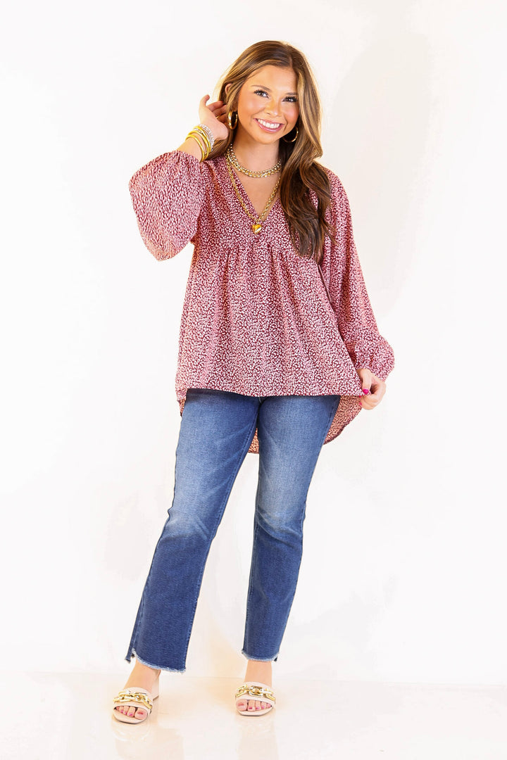 Really Dreamy Small Leopard Print Babydoll Top with Long Sleeves in Burgundy Red