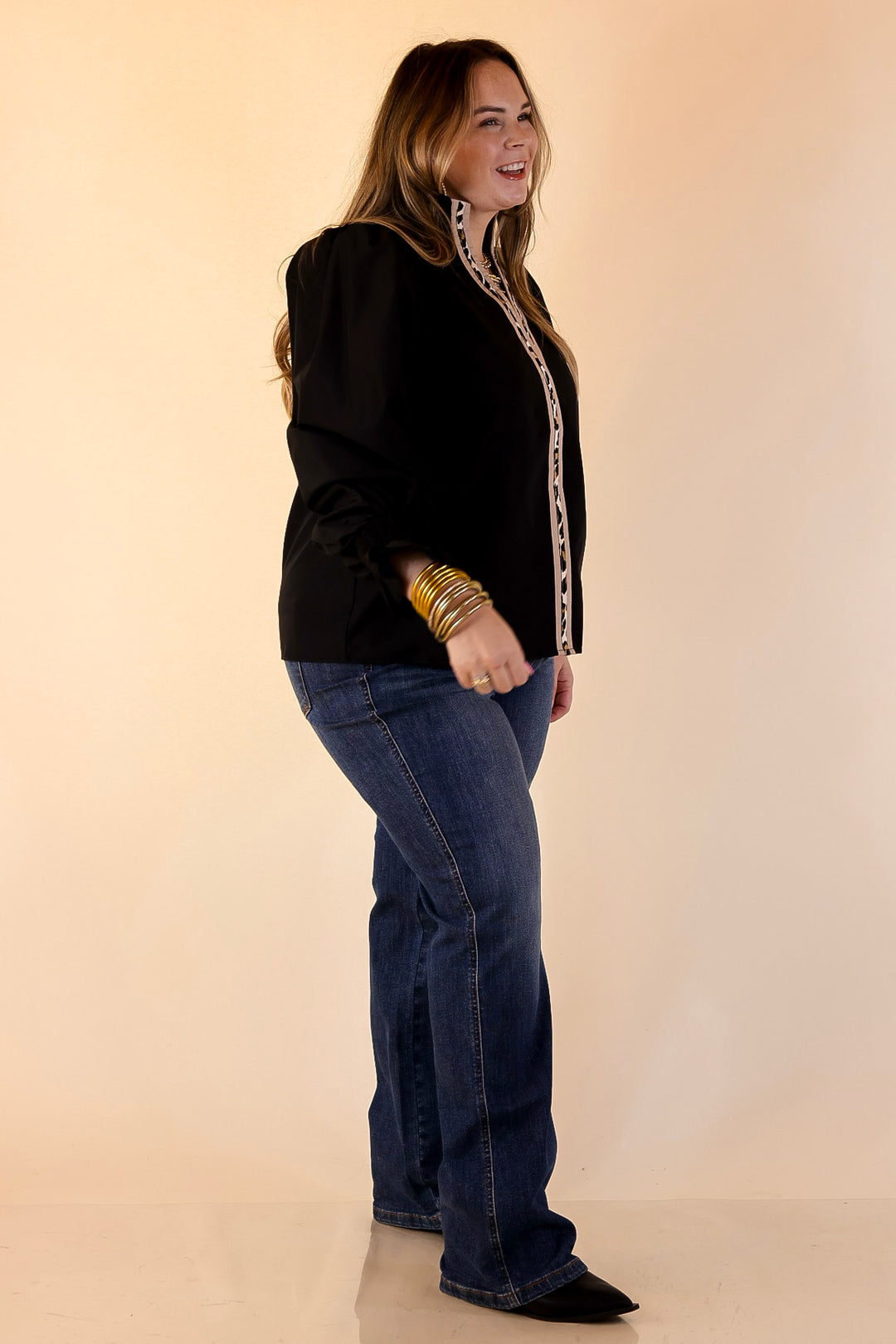 Trimmed in Style Puff Long Sleeve Blouse with Contrast Leopard Trim and Ruffle in Black