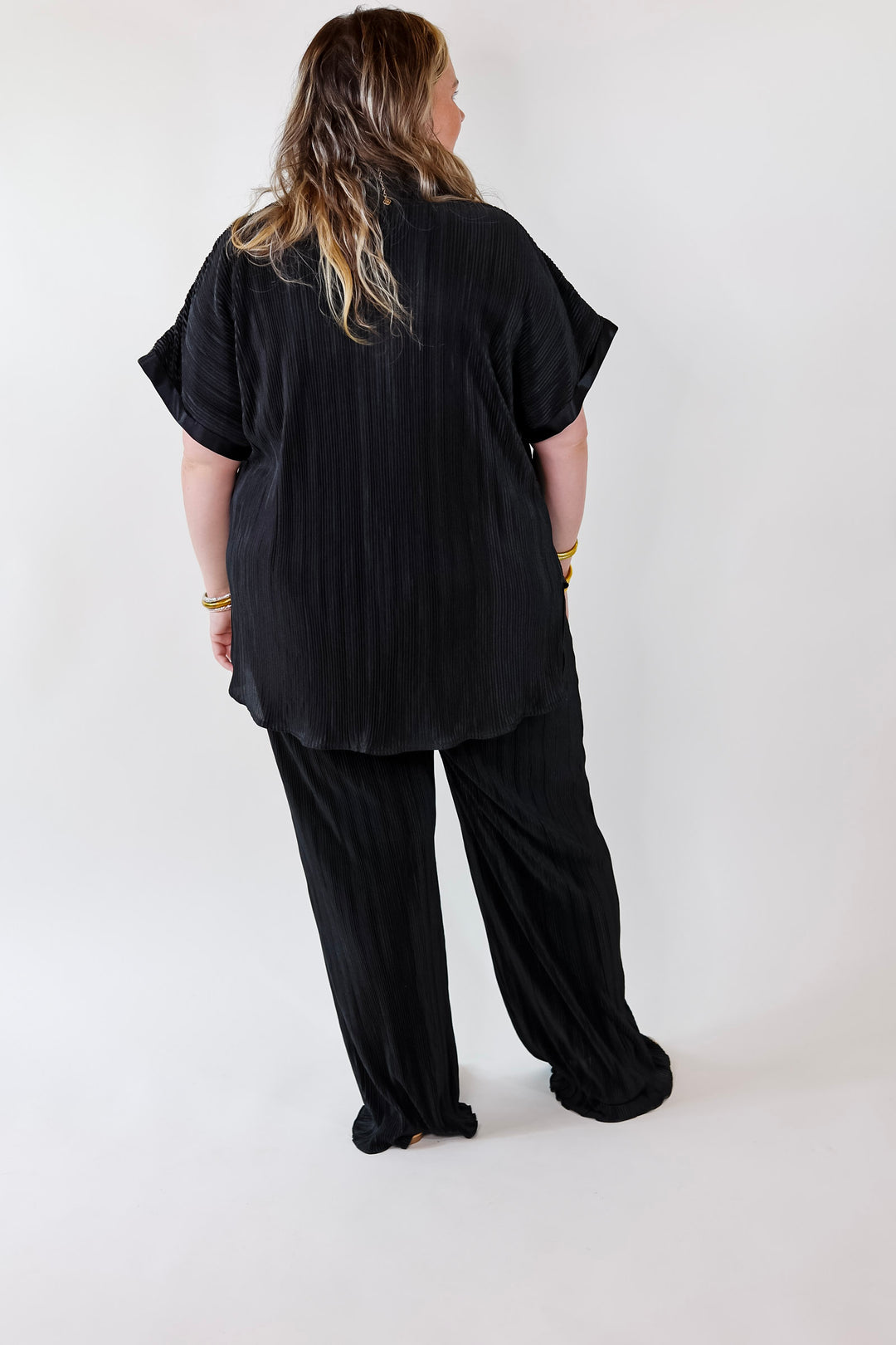 Walking In Paradise Plissé Drawstring Pants in Black - Giddy Up Glamour Boutique