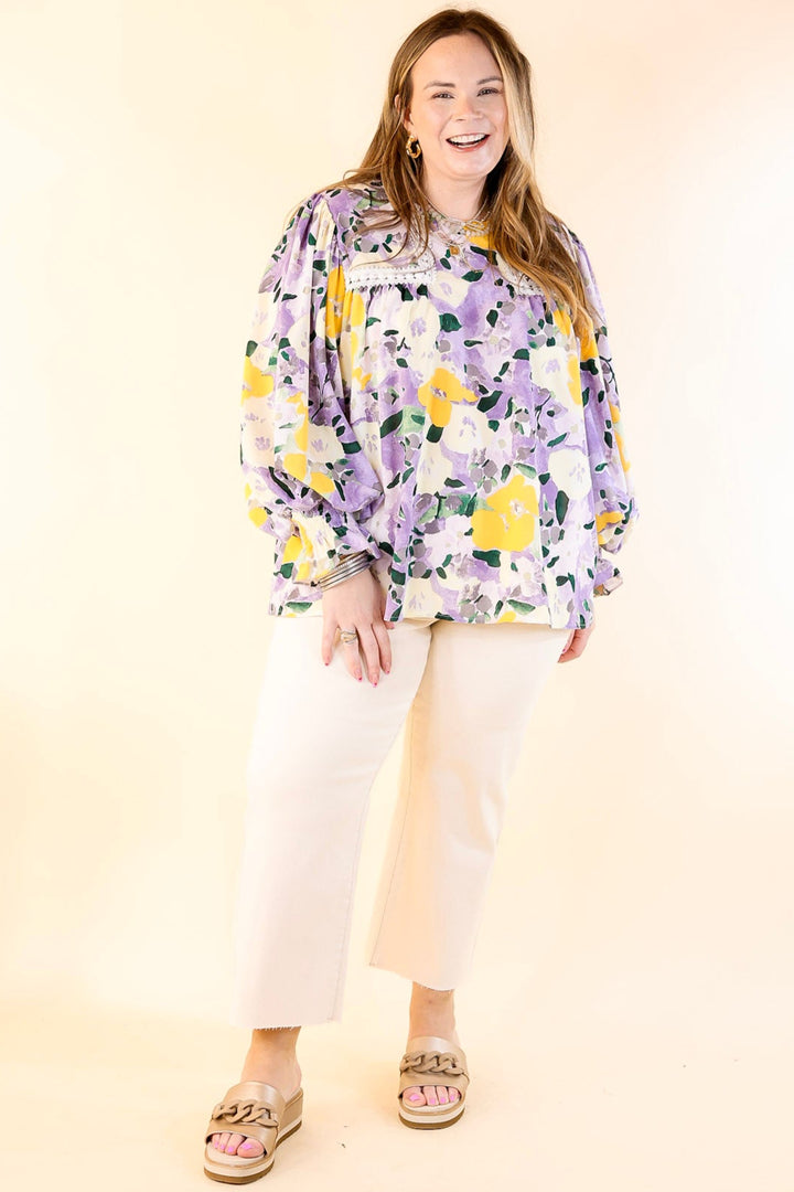 Destination Obsessed Crocheted Detail Floral Long Sleeve Blouse in Lavender