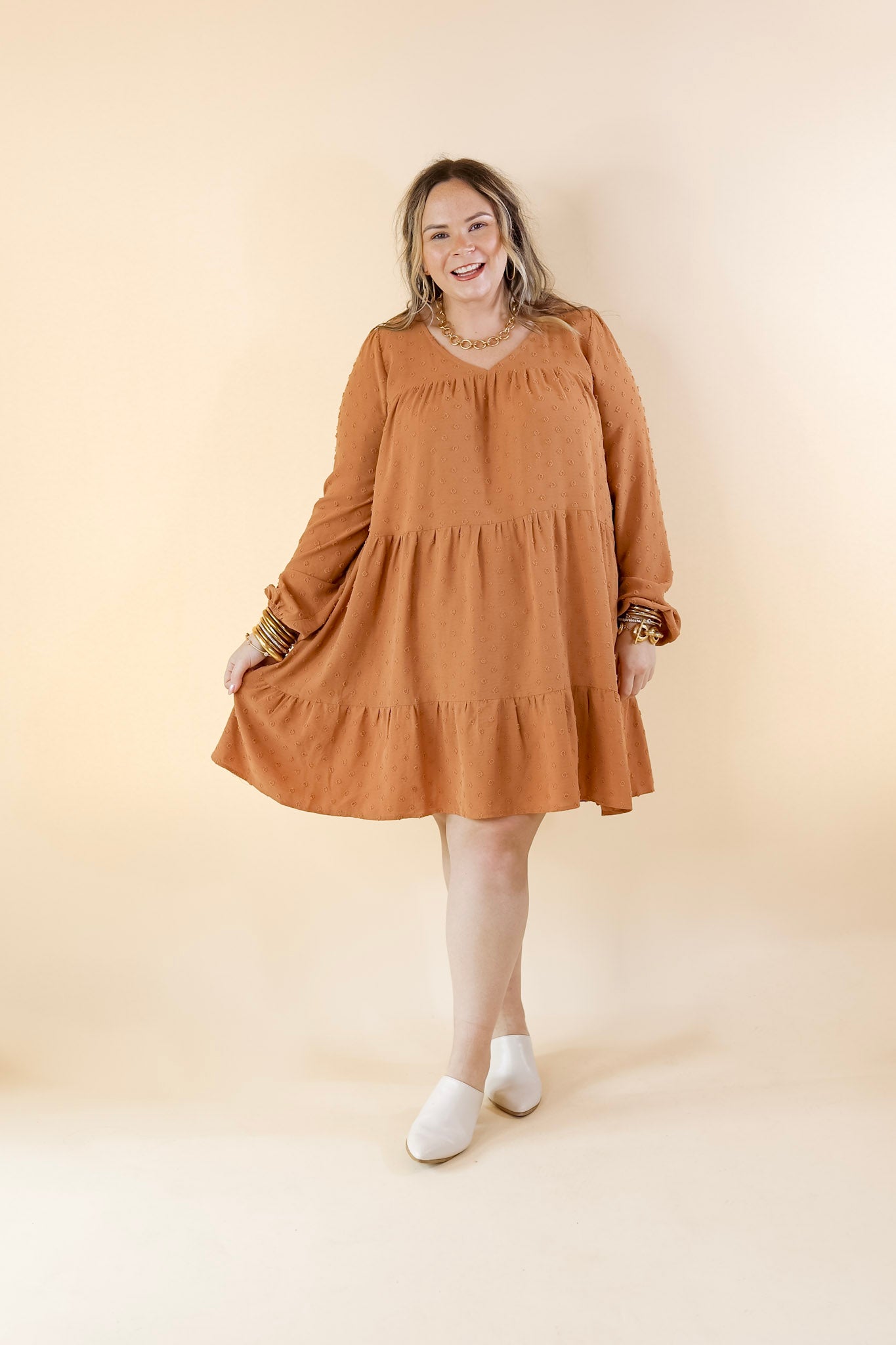 Hey Girl Long Sleeve Swiss Dot Dress in Clay Brown - Giddy Up Glamour Boutique