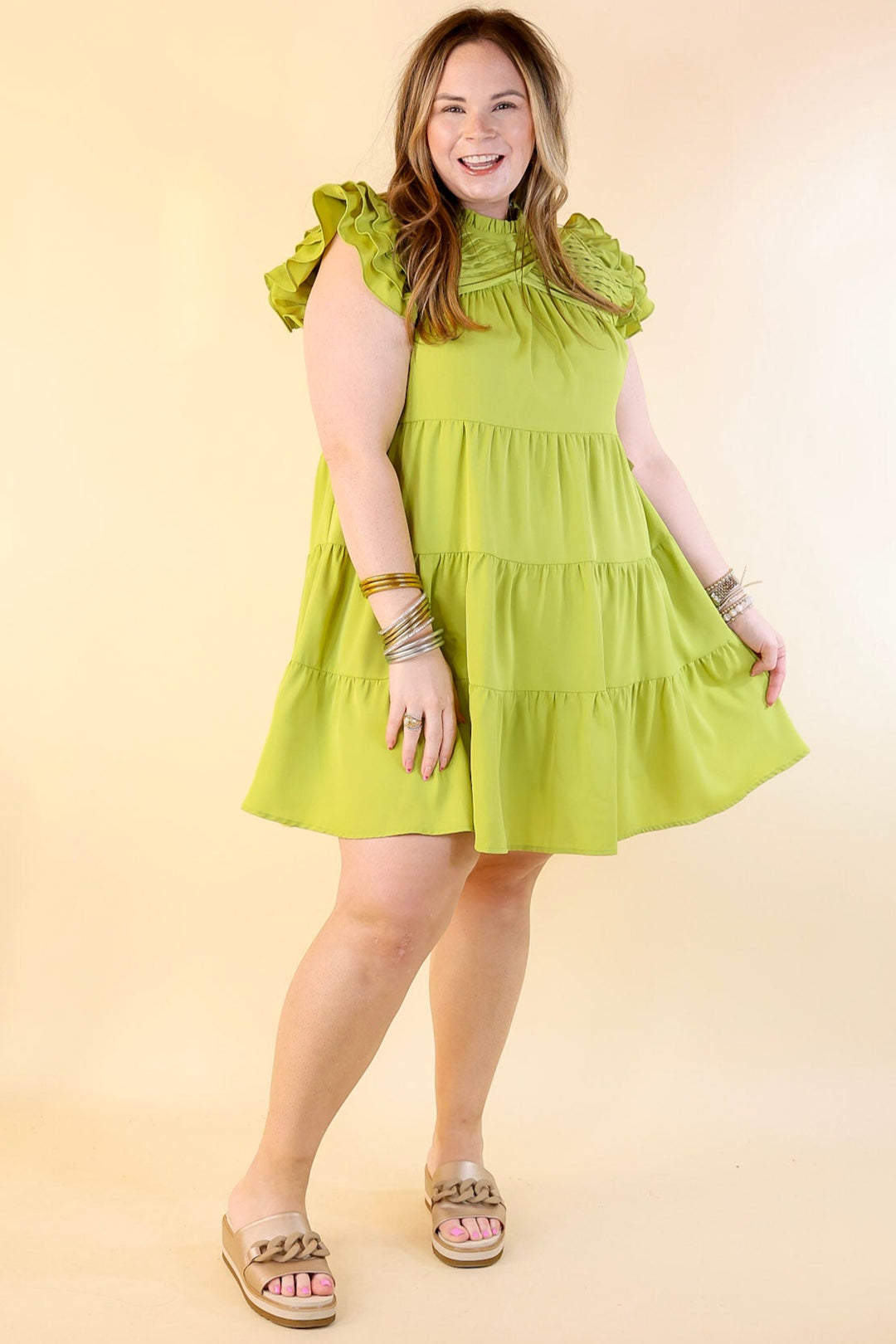 Chic On Scene Ruffle Tiered Dress with Pleated Detailing in Pistachio Green