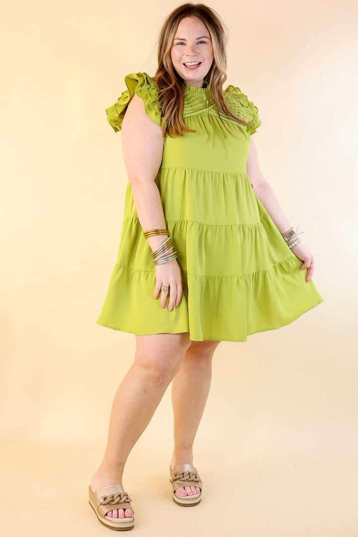 Chic On Scene Ruffle Tiered Dress with Pleated Detailing in Pistachio Green