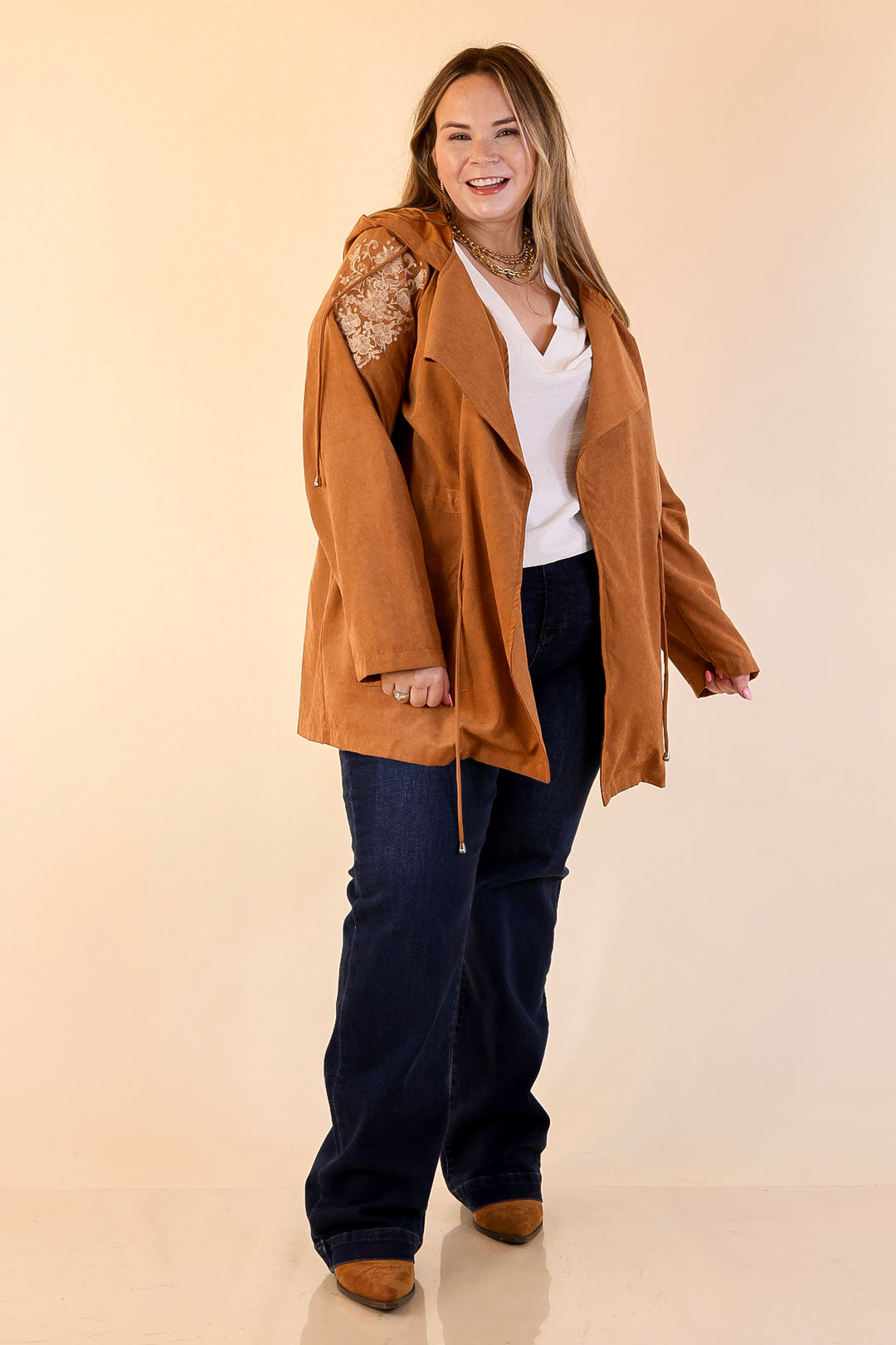 Fill Up Your Cup Embroidered Suede Utility Jacket in Tan
