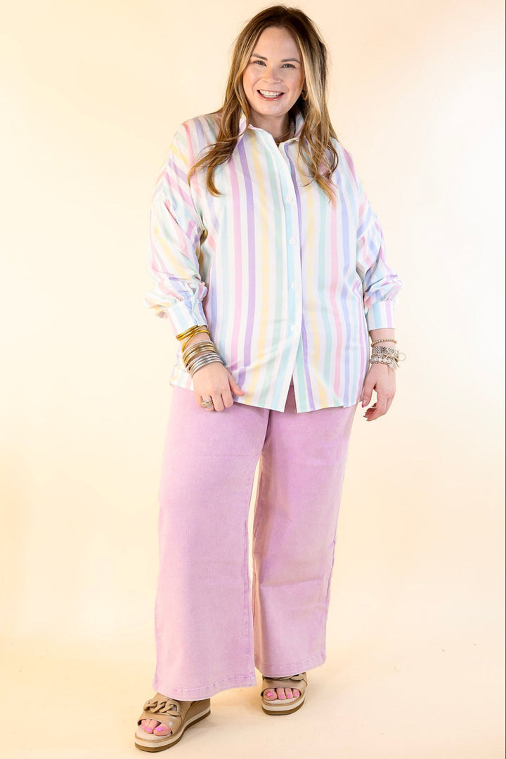 The Cowgirl Way Button Up Pastel Striped Top in White