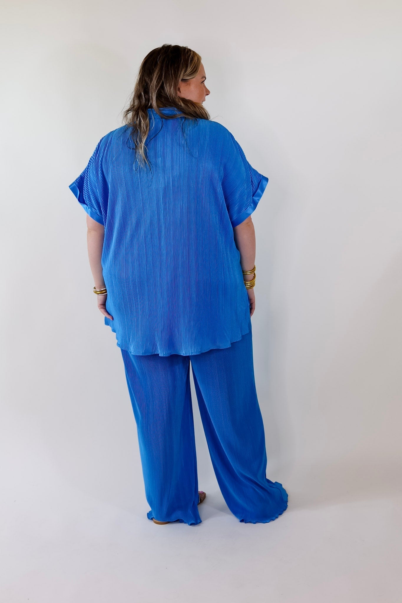 Walking In Paradise Plissé Button Up Top in Blue - Giddy Up Glamour Boutique