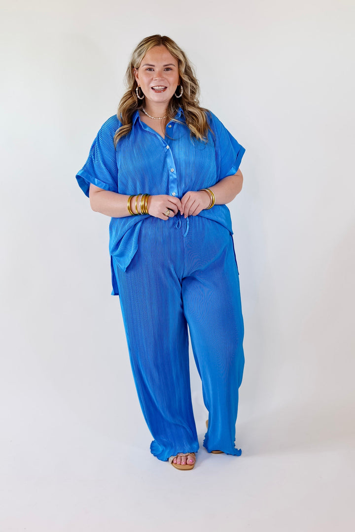 Walking In Paradise Plissé Drawstring Pants in Blue - Giddy Up Glamour Boutique