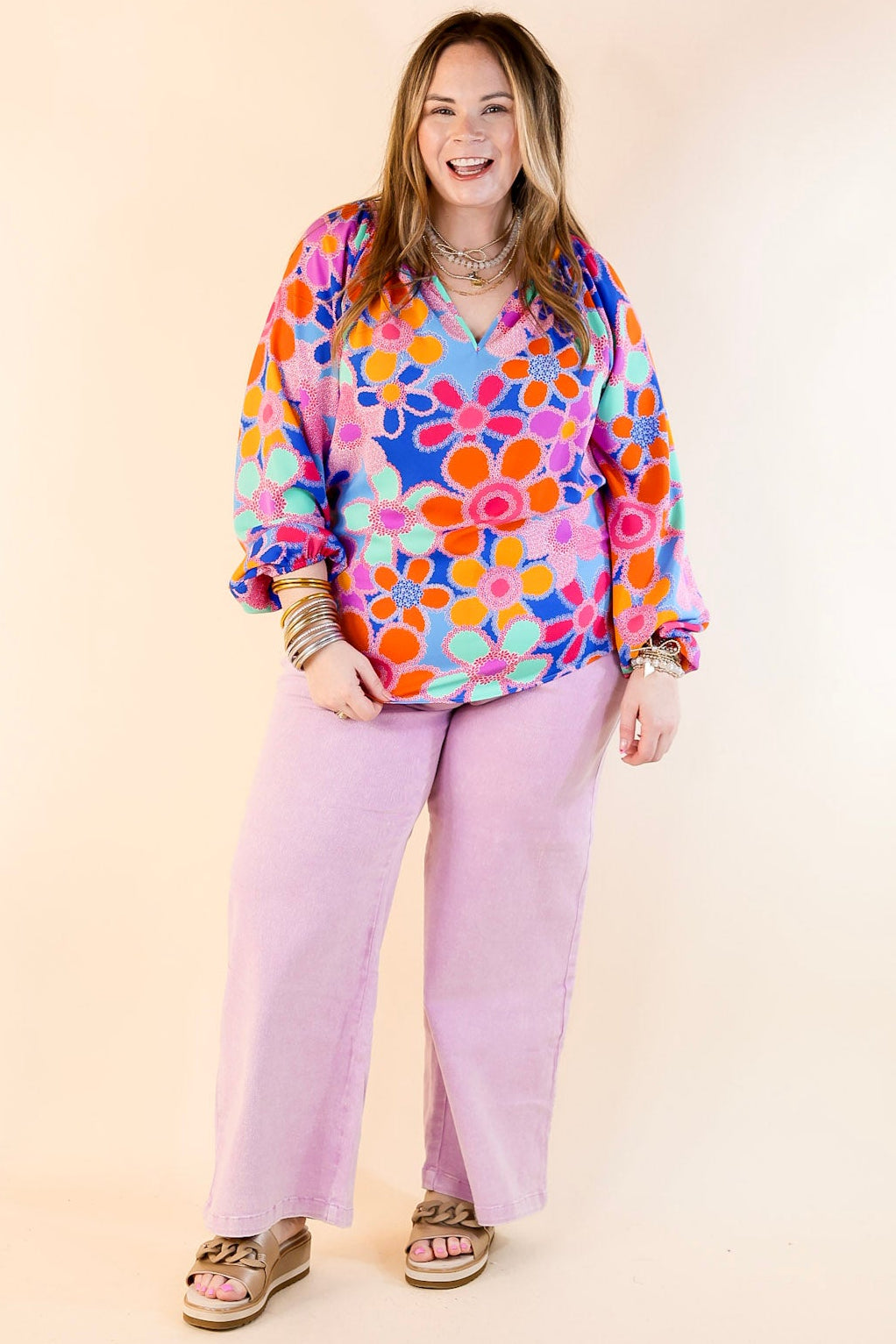 Seriously Sweet Floral Print Top with Notched Neckline in Blue