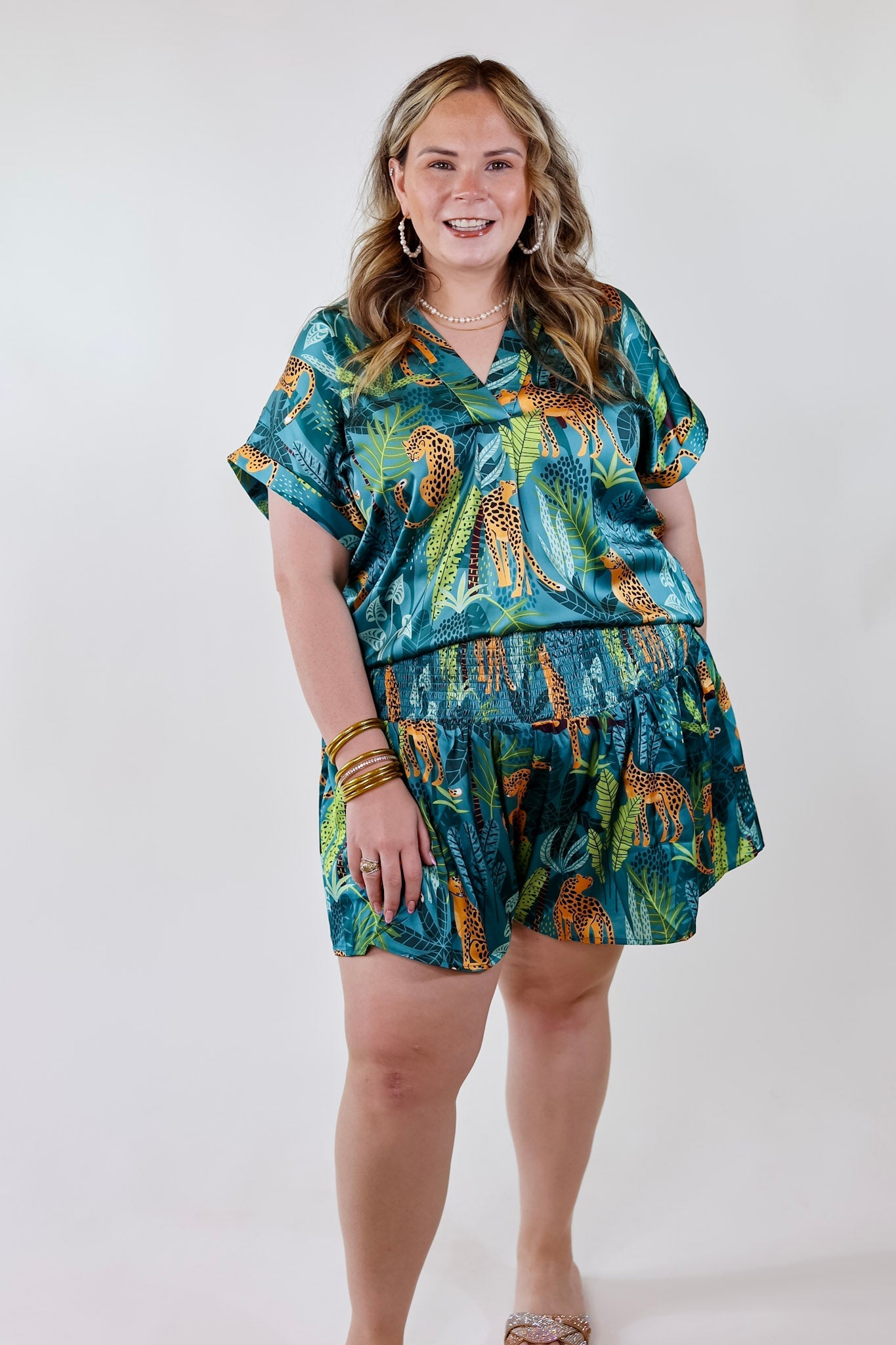 Center of Attention Jungle Print Flowy Shorts in Teal Blue - Giddy Up Glamour Boutique