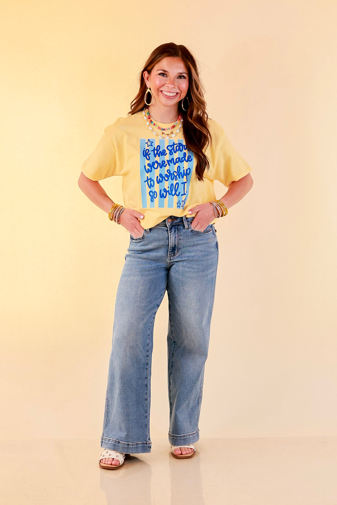 If The Stars Were Made to Worship So Will I Stripe Print Short Sleeve Graphic Tee in Butter Yellow