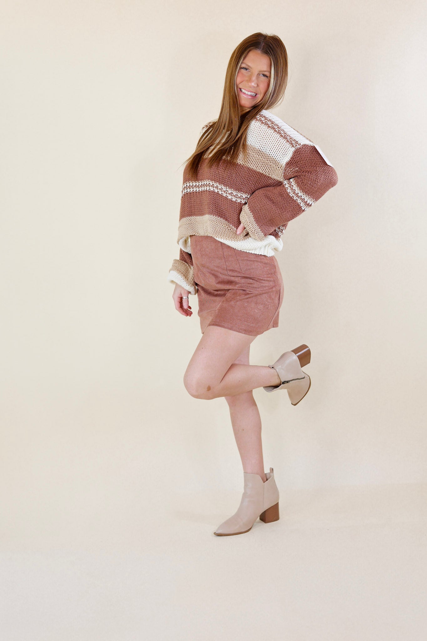 Cozy On Up Long Sleeve Striped Sweater in Brown Mix - Giddy Up Glamour Boutique