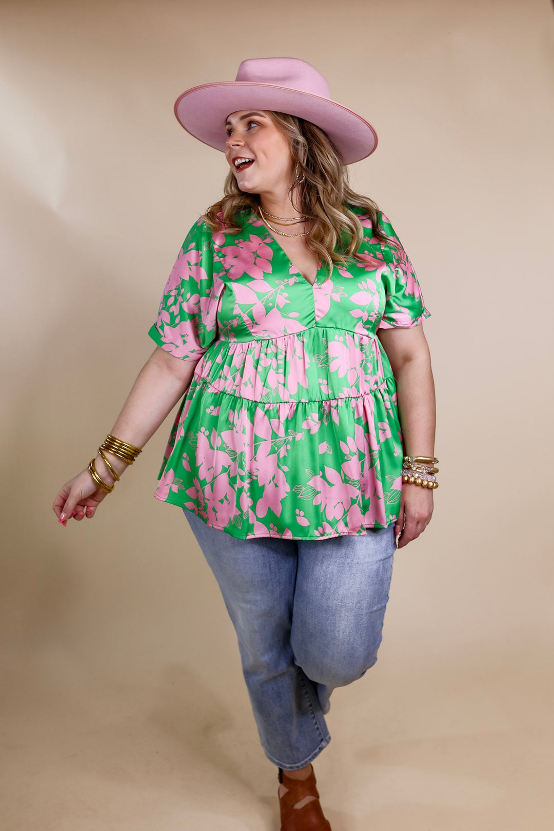 Merlot Meeting Floral Print V Neck Top in Green - Giddy Up Glamour Boutique