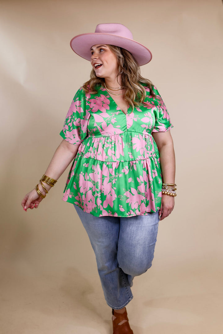 Merlot Meeting Floral Print V Neck Top in Green - Giddy Up Glamour Boutique