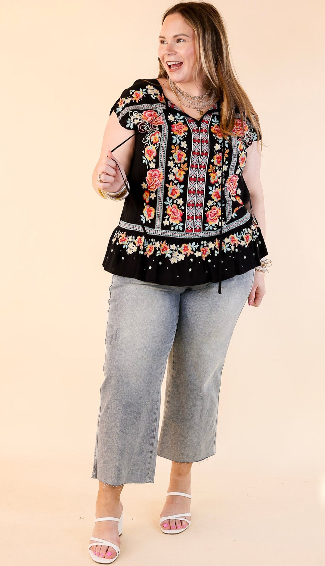Pulled To Paradise Floral Embroidered Front Keyhole Top in Black