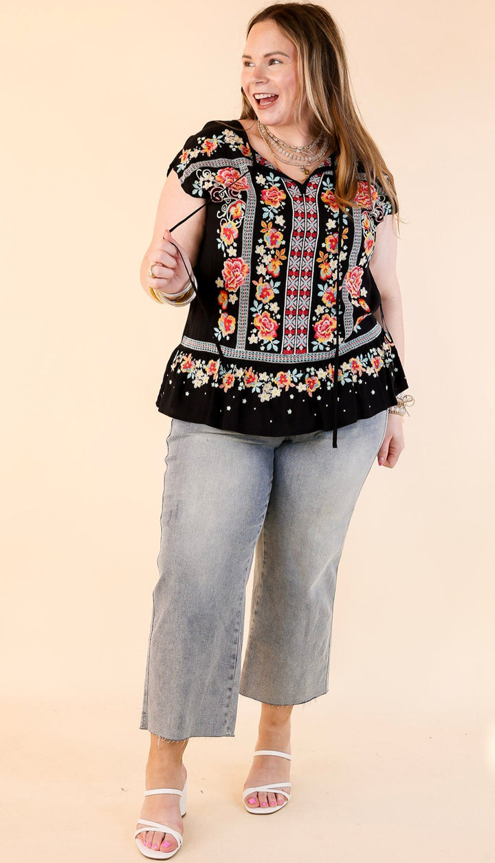 Pulled To Paradise Floral Embroidered Front Keyhole Top in Black