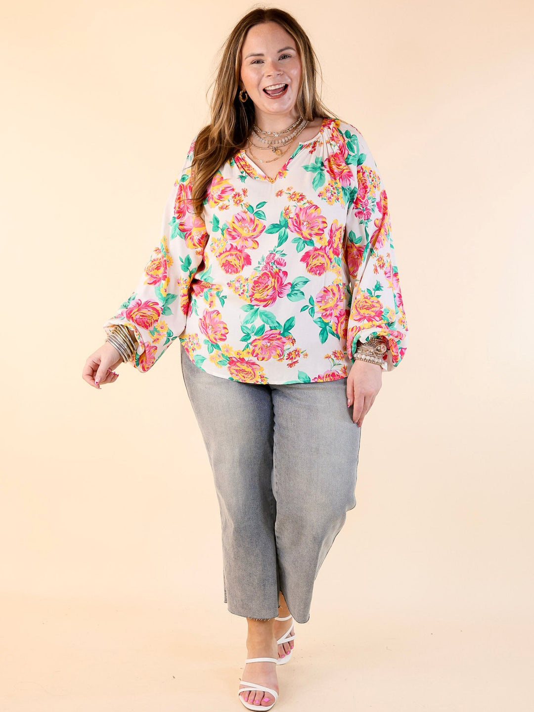 Follow Your Happiness Notched V Neck Floral Top with Long Sleeves in White