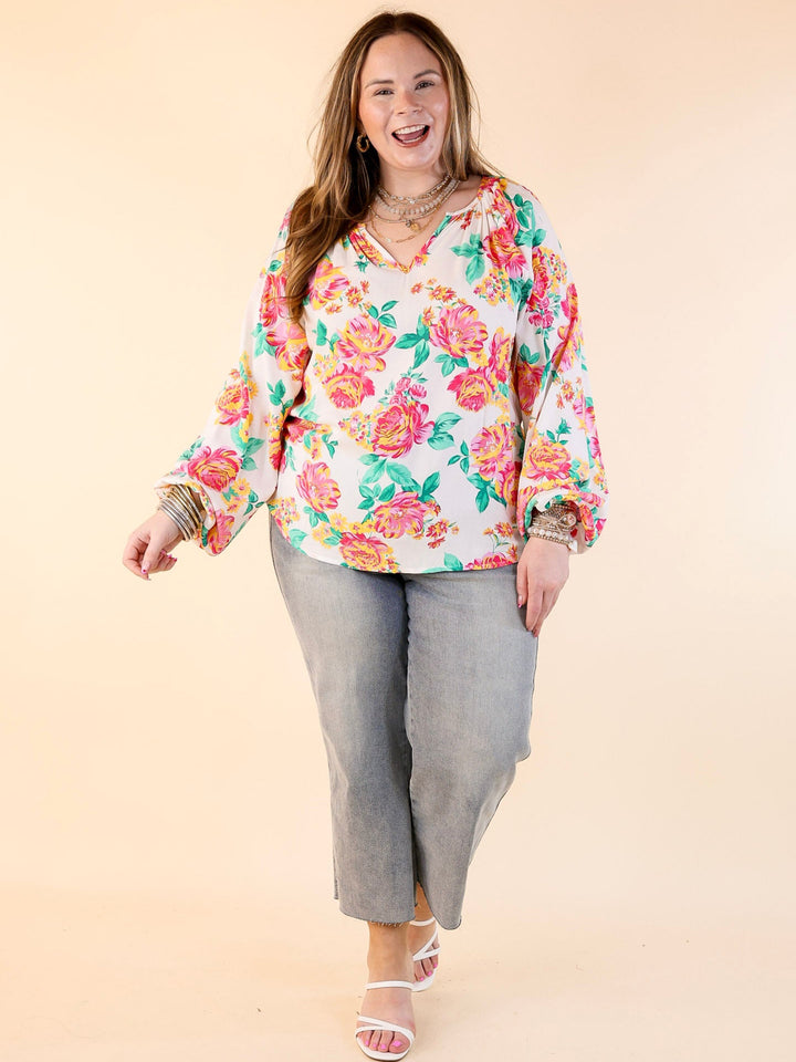 Follow Your Happiness Notched V Neck Floral Top with Long Sleeves in White