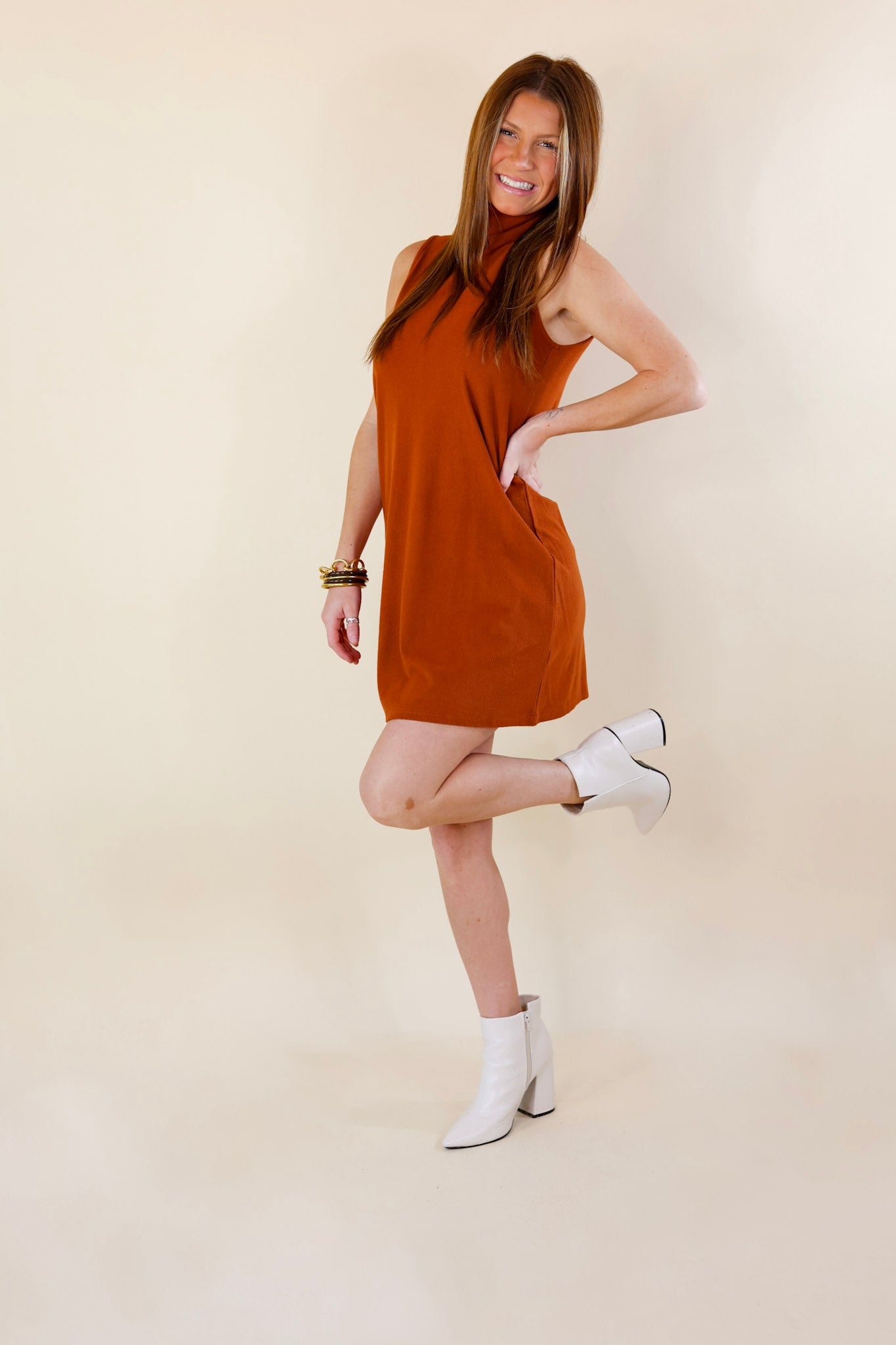 One Love Tank Sweater Dress with Turtle Neck in Rust Orange - Giddy Up Glamour Boutique