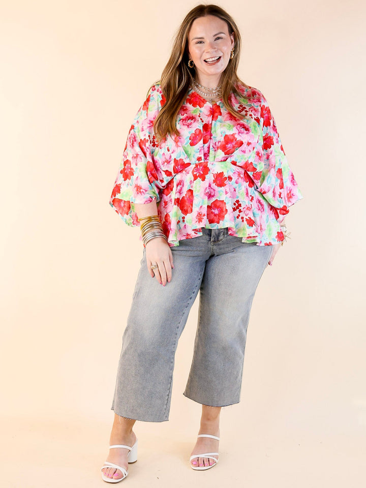 Hear the Music Drop Sleeve Satin Floral Print V Neck Peplum Top in White