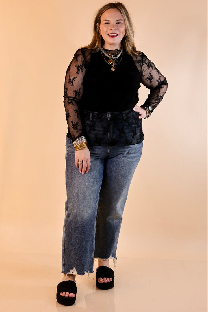 Delicate Charm Long Sleeve Sheer Lace Top with Mock Neck in Black
