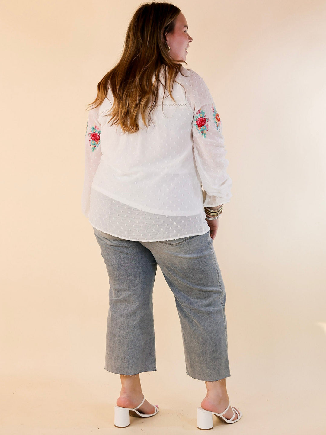 Patio Days Swiss Dot Long Sleeve Blouse with Floral Embroidery in White