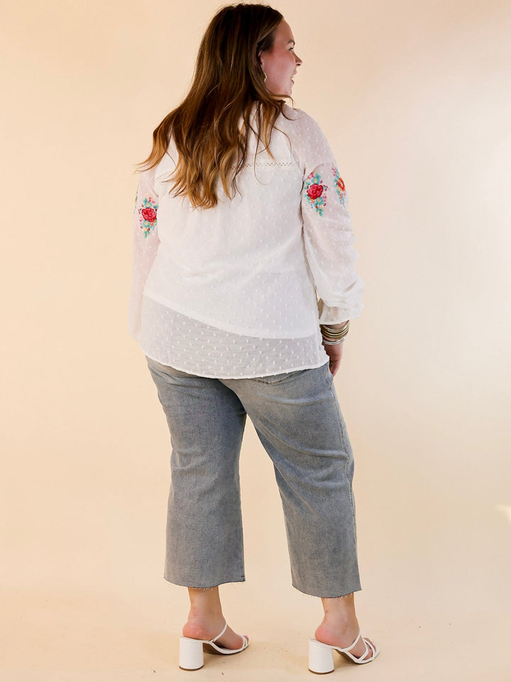 Patio Days Swiss Dot Long Sleeve Blouse with Floral Embroidery in White