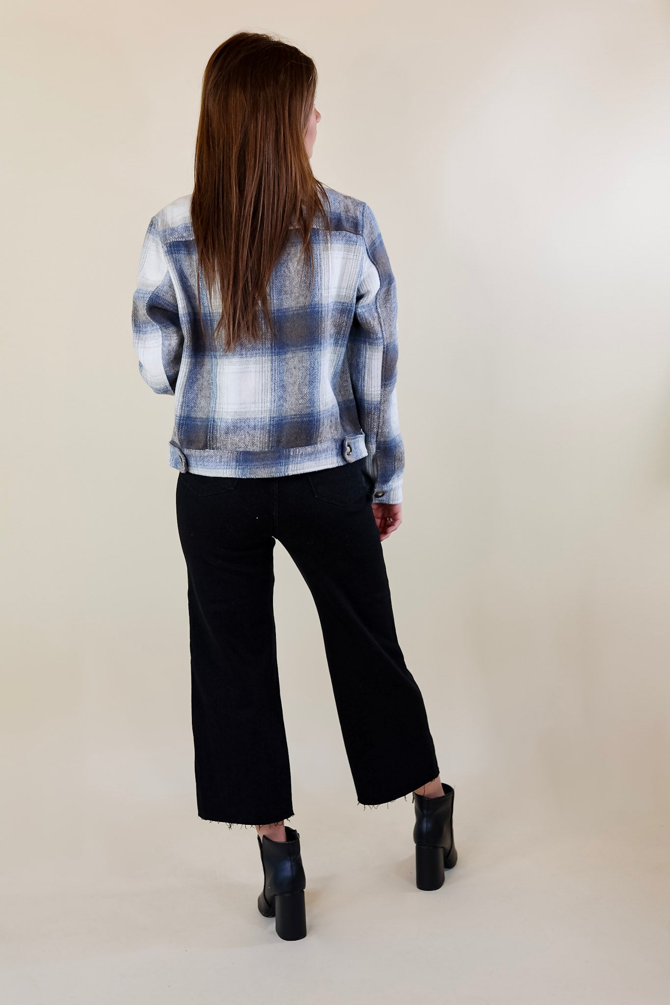 Lost In the Redwoods Button Up Cropped Plaid Jacket in Blue Mix - Giddy Up Glamour Boutique