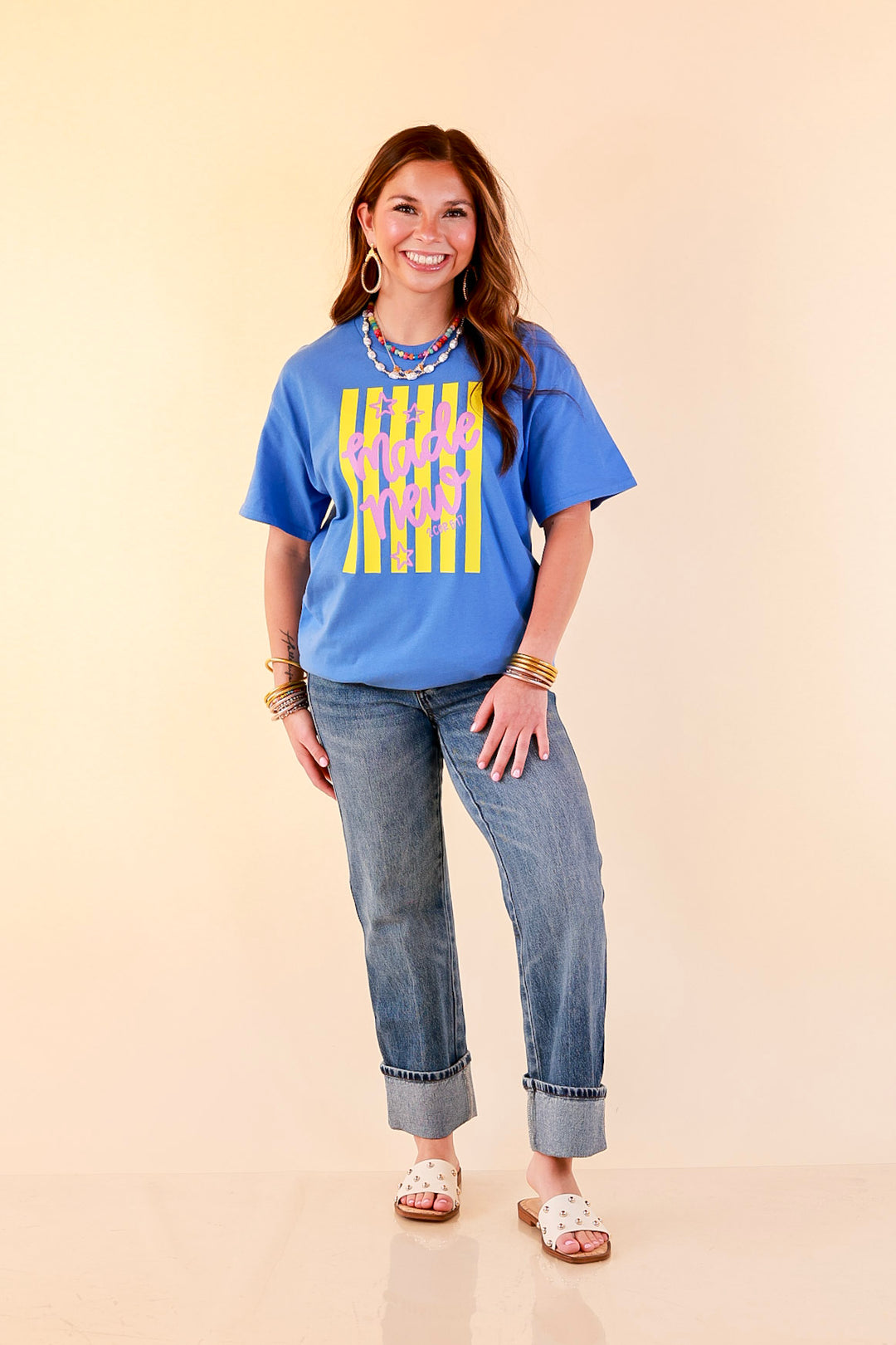 Renewed in Faith "Made New" 2 Cor 5:17 Stripe Print Short Sleeve Graphic Tee in Blue