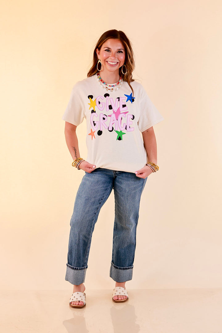 Grace Upon Grace "Give Grace" Distressed Polka Dot and Star Print Short Sleeve Graphic Tee in Natural