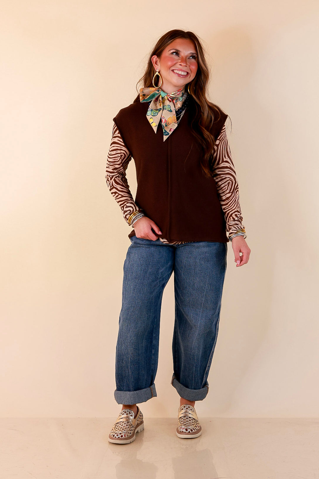 Always a Favorite Crew Neck Front Seam Sweater Knit Top in Chocolate Brown