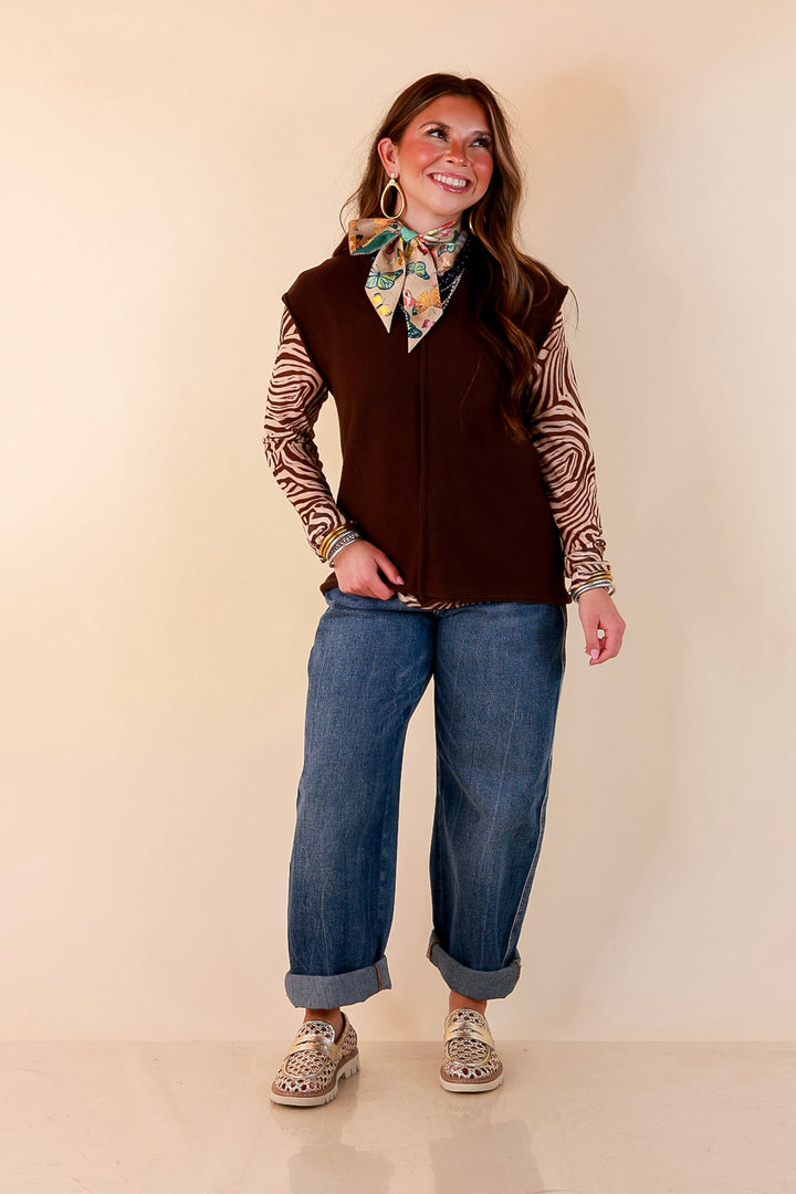Always a Favorite Crew Neck Front Seam Sweater Knit Top in Chocolate Brown