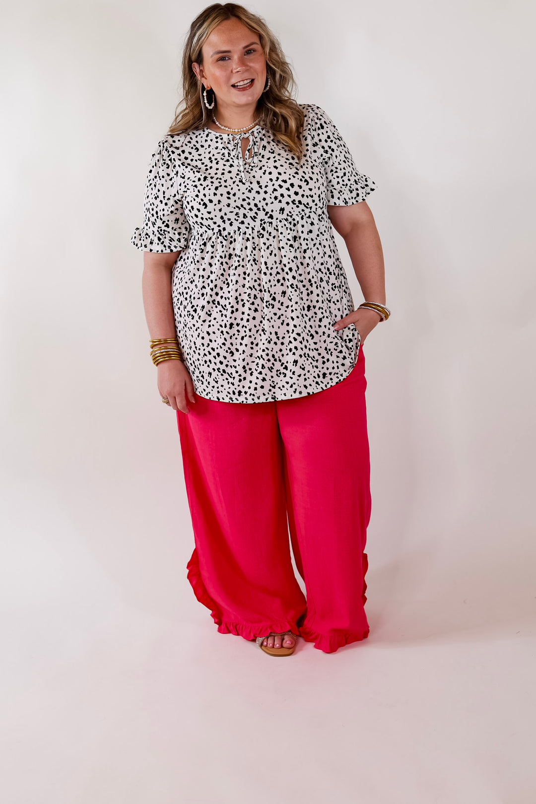 Waiting For A Sign Cheetah Print Babydoll Top with Keyhole and Tie Neckline in Ivory - Giddy Up Glamour Boutique