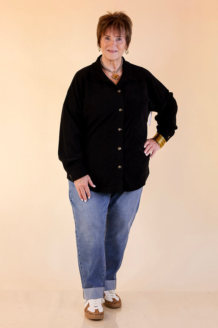 Plus Sizes | Captivating Cuteness Corduroy Button Up Shacket in Black