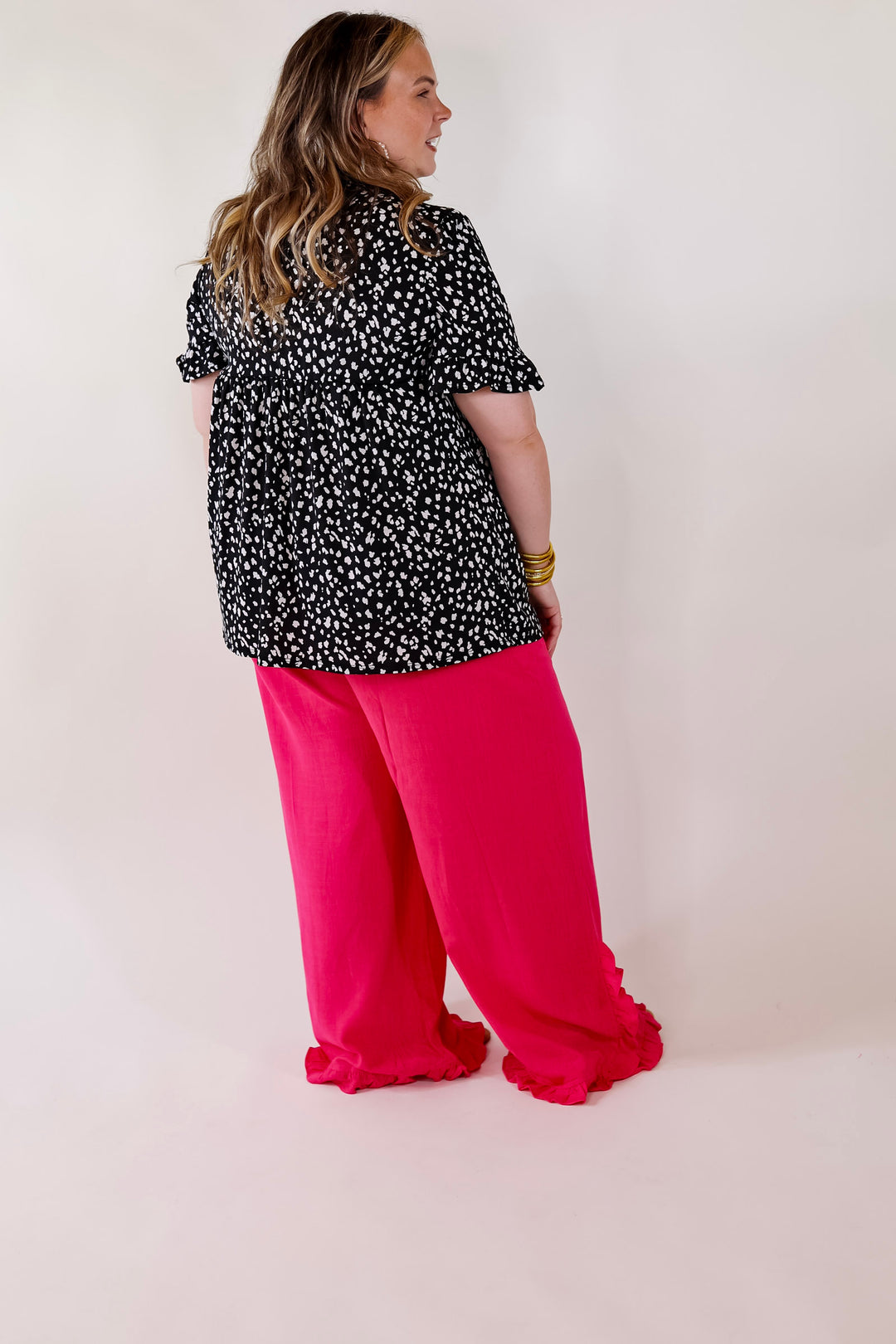 Waiting For A Sign Cheetah Print Babydoll Top with Keyhole and Tie Neckline in Black - Giddy Up Glamour Boutique