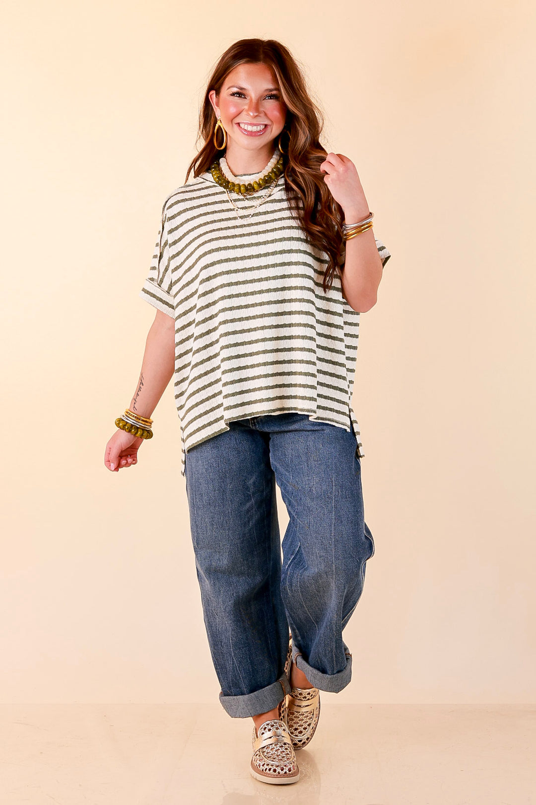 On The Daily Scoop Neck Short Sleeve Striped Textured Top in Olive Green