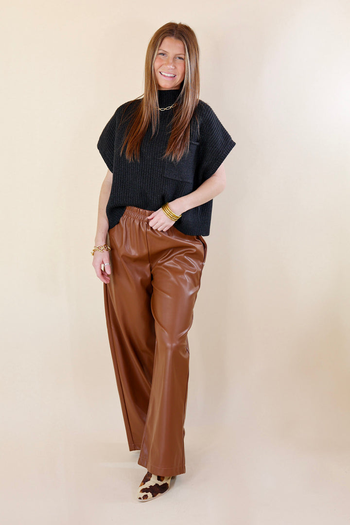 Luxe Feeling Wide Leg Faux Leather Pants in Brown - Giddy Up Glamour Boutique