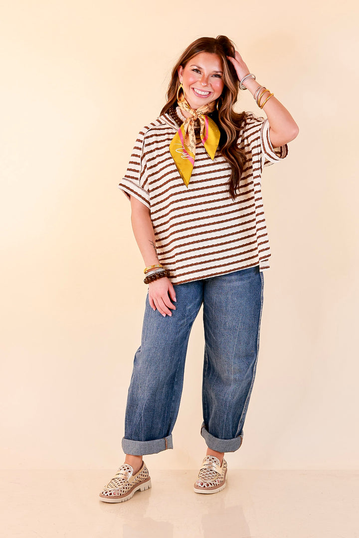 On The Daily Scoop Neck Short Sleeve Striped Textured Top in Chocolate Brown