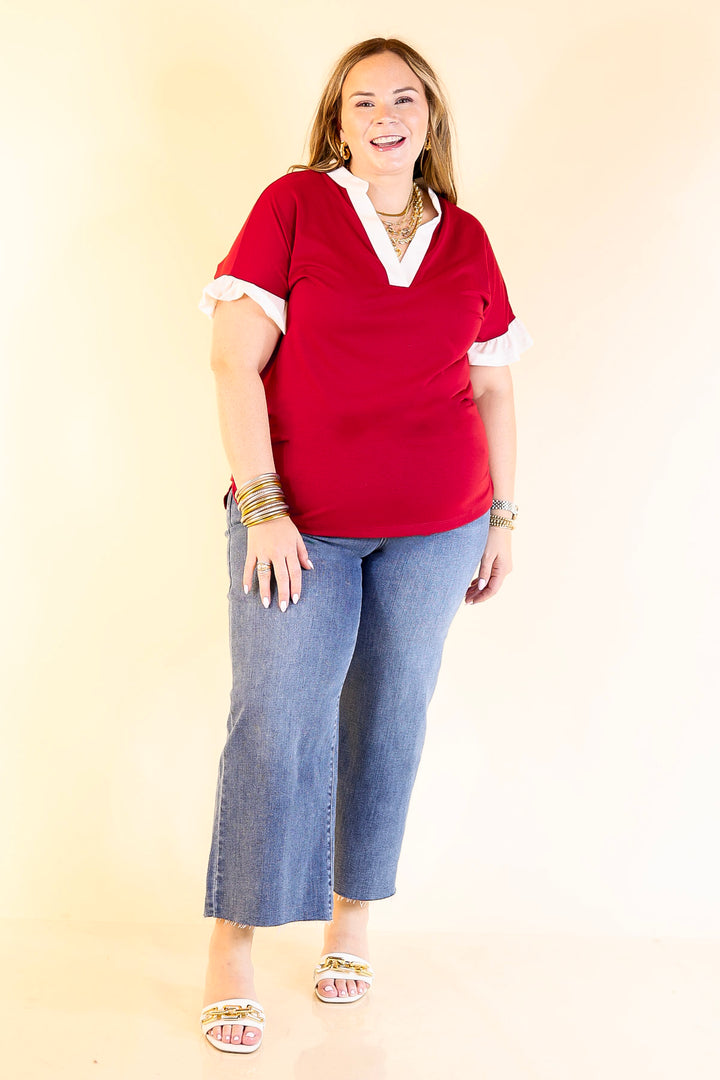 Power Play V Neck with Ruffle Short Sleeves and White Trim in Maroon