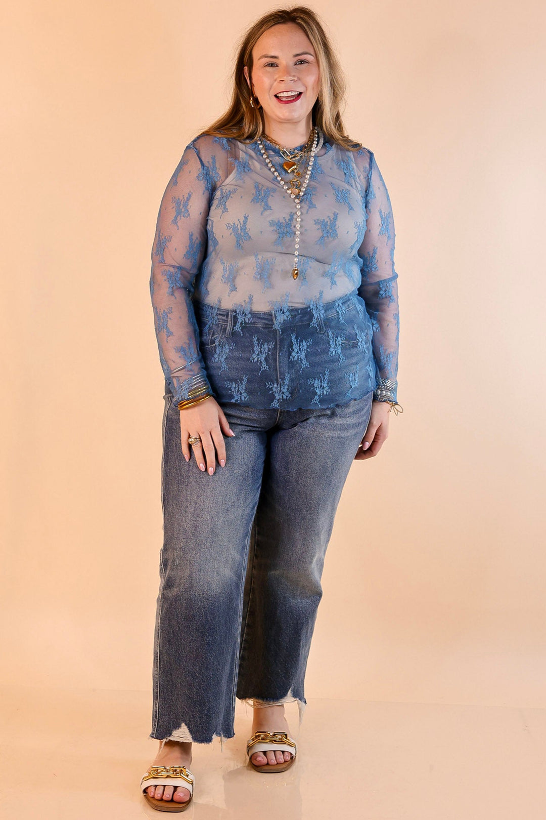 Delicate Charm Long Sleeve Sheer Lace Top with Mock Neck in Blue