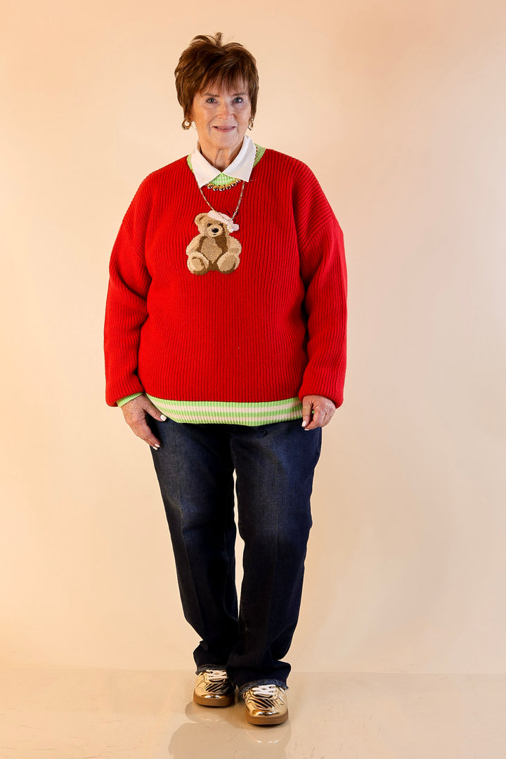 Simply Southern | Beary Merry Crewneck Sweater with Teddy Bear Graphic and Green Trim in Red