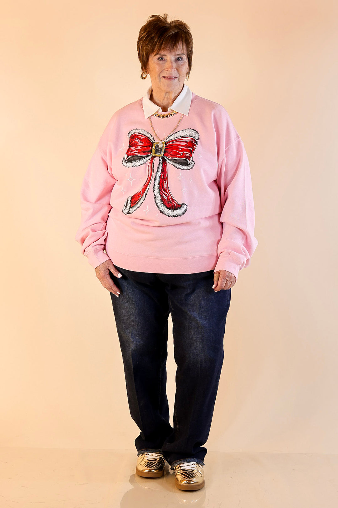 Simply Southern | Wrapped in Joy Santa's Suit Bow Graphic Crewneck Sweatshirt in Tutu Pink