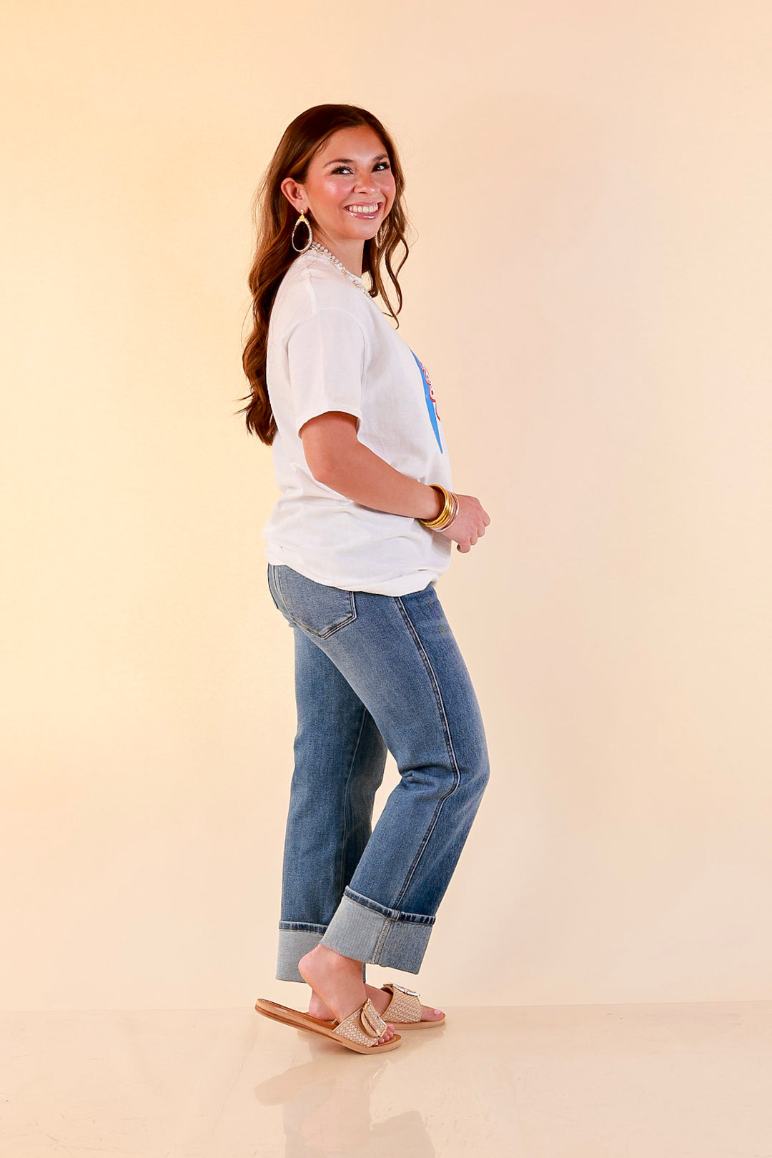 Sweet Land of Liberty Patriotic Coquette Short Sleeve Graphic Tee with Bow Detailing in White