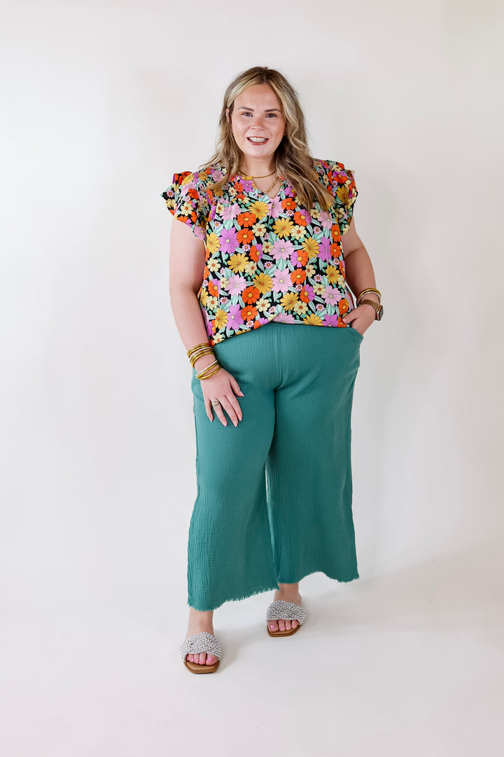 Pretty Days Floral Notched Neckline Top in Black - Giddy Up Glamour Boutique