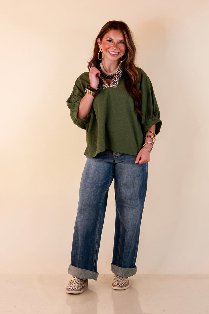 Naturally Chic Textured Poncho Top with Leopard Trim Details and Dolman Sleeves in Olive Green