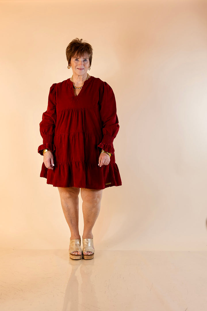 Simply Southern | Made for Today Long Sleeve Tiered Corduroy Dress in Burgundy