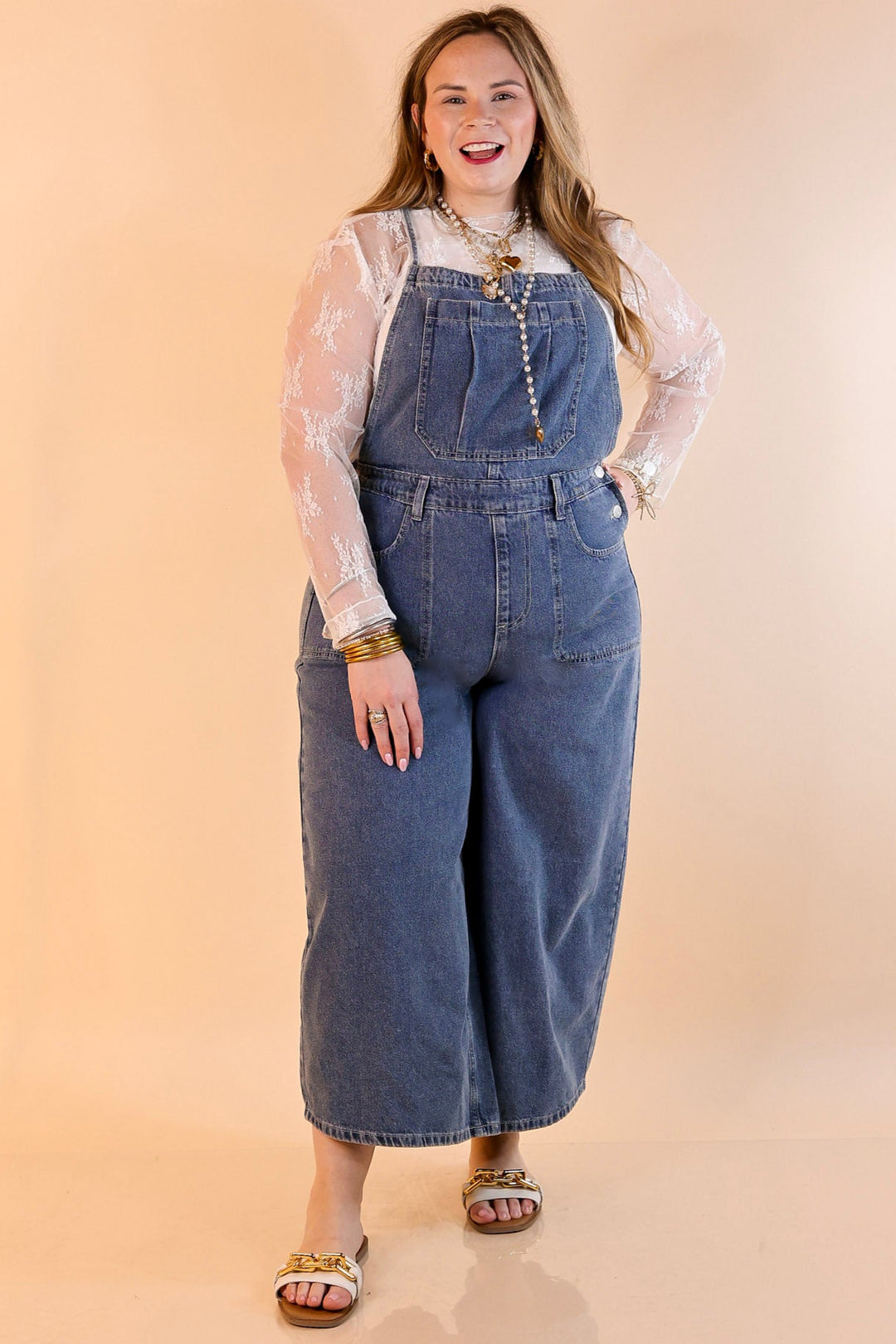 True Classic Wide Leg Denim Overalls in Medium Wash
